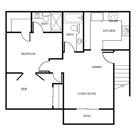 Floor plan for 1 bed, 1 bath, 850 sqft